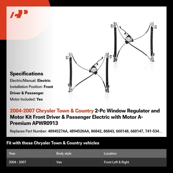 2004-2007 Chrysler Town & Country 2-Pc Window Regulator and Motor Kit Front Driver & Passenger Electric with Motor A-Premium APWR0913