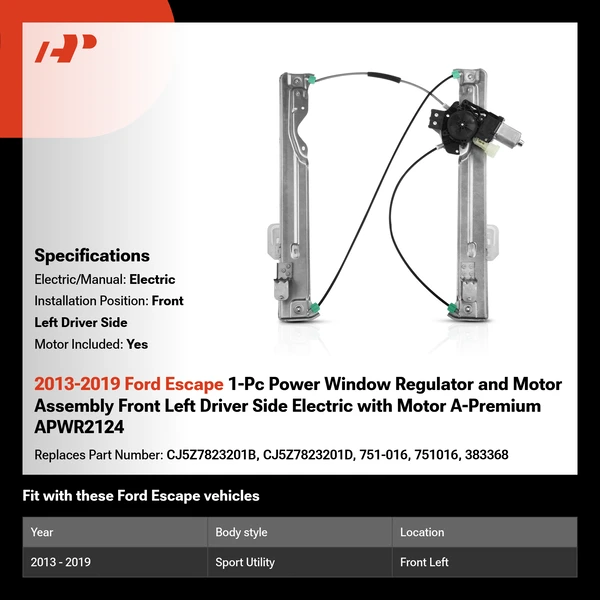 2013-2019 Ford Escape 1-Pc Power Window Regulator and Motor Assembly Front Left Driver Side Electric with Motor A-Premium APWR2124