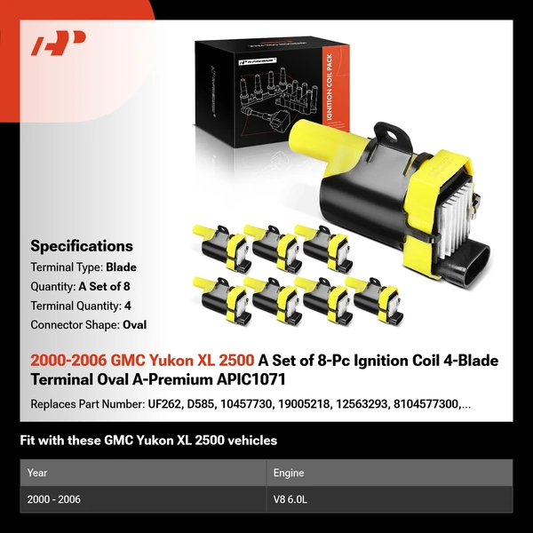 2000-2006 GMC Yukon XL 2500 A Set of 8-Pc Ignition Coil 4-Blade Terminal Oval A-Premium APIC1071