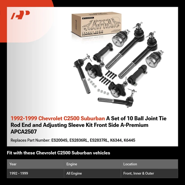 1992-1999 Chevrolet C2500 Suburban A Set of 10 Ball Joint Tie Rod End and Adjusting Sleeve Kit Front Side A-Premium APCA2507