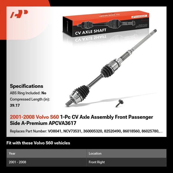 2001-2008 Volvo S60 1-Pc CV Axle Assembly Front Passenger Side A-Premium APCVA3617