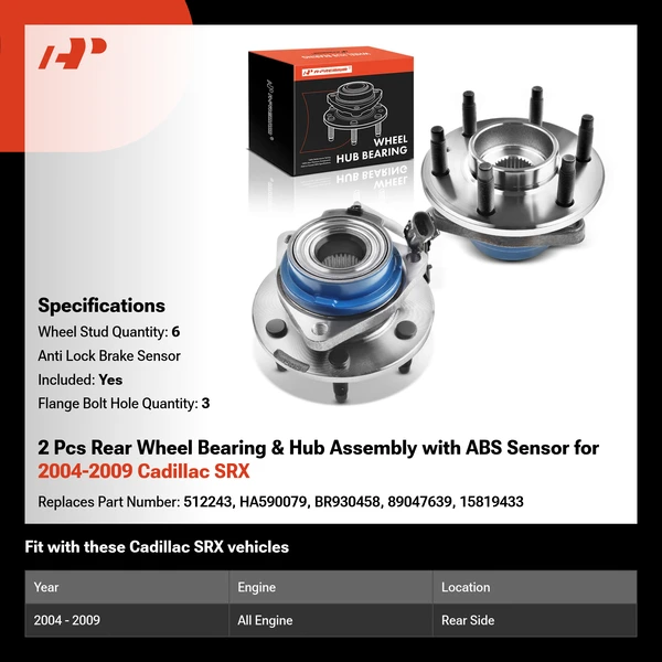 2 Pcs Rear Wheel Bearing & Hub Assembly with ABS Sensor for 2004-2009 Cadillac SRX