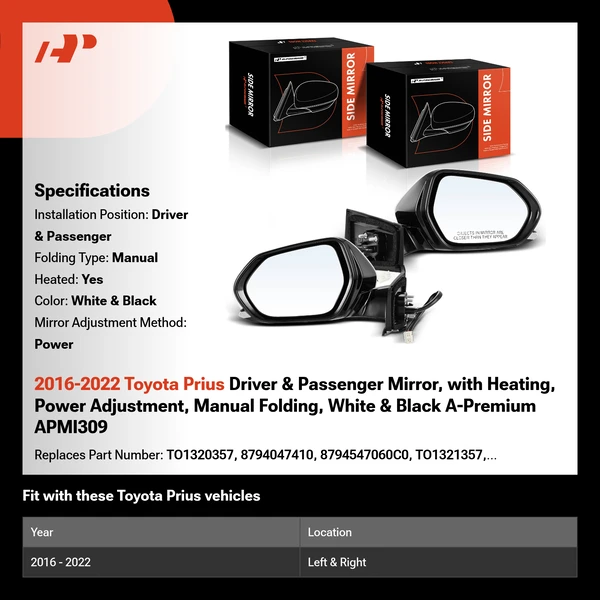 2016-2022 Toyota Prius Driver & Passenger Mirror, with Heating, Power Adjustment, Manual Folding, White & Black A-Premium APMI309