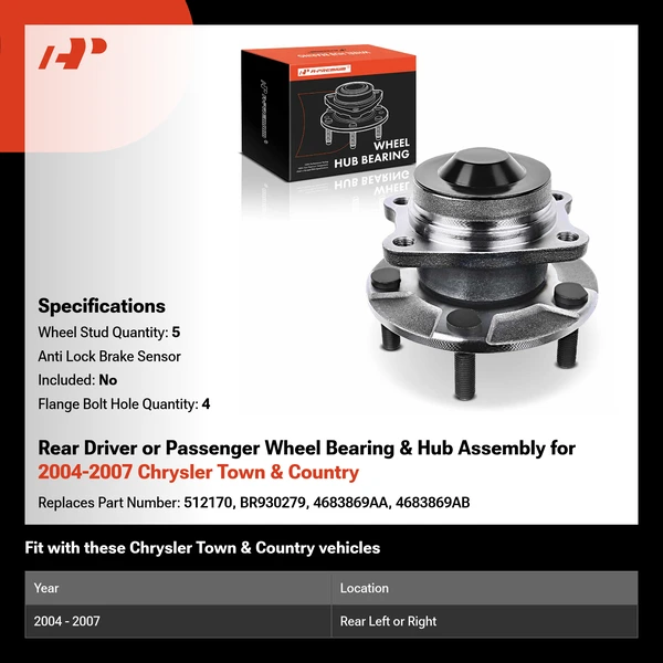Rear Driver or Passenger Wheel Bearing & Hub Assembly for 2004-2007 Chrysler Town & Country