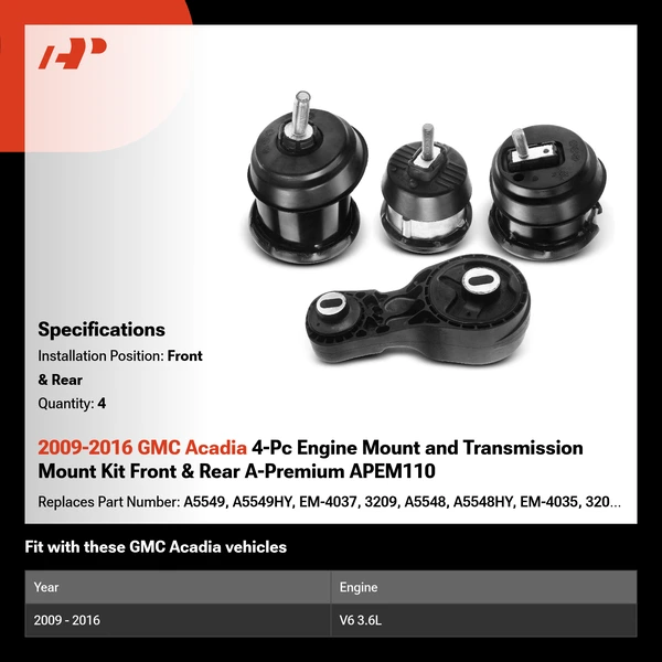 2009-2016 GMC Acadia 4-Pc Engine Mount and Transmission Mount Kit Front & Rear A-Premium APEM110