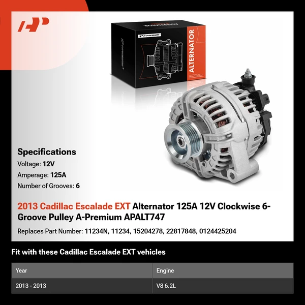 2013 Cadillac Escalade EXT Alternator 125A 12V Clockwise 6-Groove Pulley A-Premium APALT747