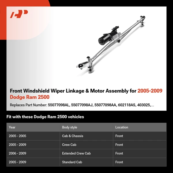 Front Windshield Wiper Linkage & Motor Assembly for 2005-2009 Dodge Ram 2500