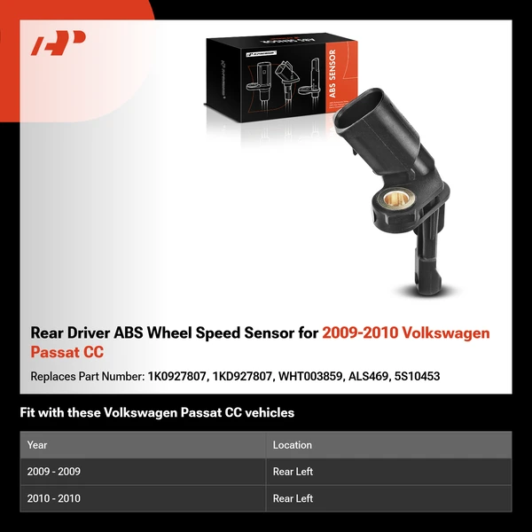 Rear Driver ABS Wheel Speed Sensor for 2009-2010 Volkswagen Passat CC
