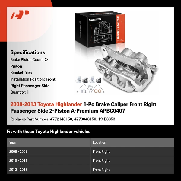 2008-2013 Toyota Highlander 1-Pc Brake Caliper Front Right Passenger Side 2-Piston A-Premium APBC0407