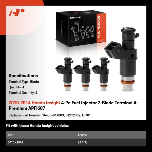 2010-2014 Honda Insight 4-Pc Fuel Injector 2-Blade Terminal A-Premium APFI607
