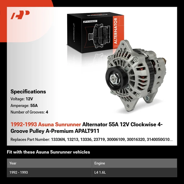 1992-1993 Asuna Sunrunner Alternator 55A 12V Clockwise 4-Groove Pulley A-Premium APALT911
