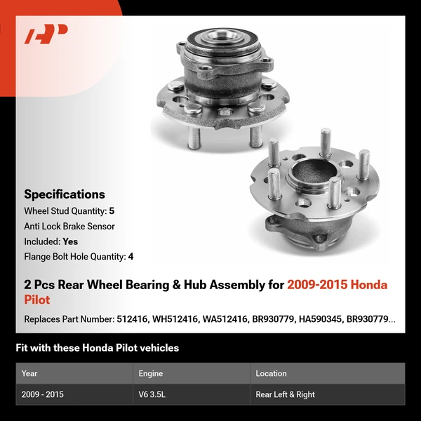 2 Pcs Rear Wheel Bearing & Hub Assembly for 2009-2015 Honda Pilot