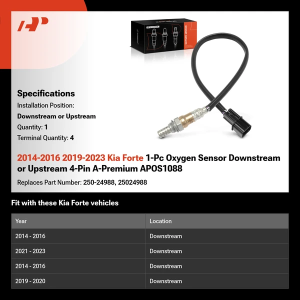 2014-2016 2019-2023 Kia Forte 1-Pc Oxygen Sensor Downstream or Upstream 4-Pin A-Premium APOS1088