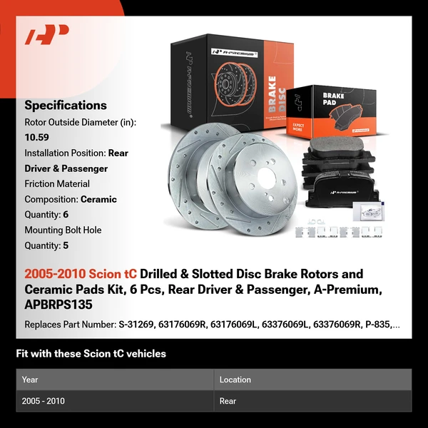 2005-2010 Scion tC Drilled & Slotted Disc Brake Rotors and Ceramic Pads Kit, 6 Pcs, Rear Driver & Passenger, A-Premium, APBRPS135
