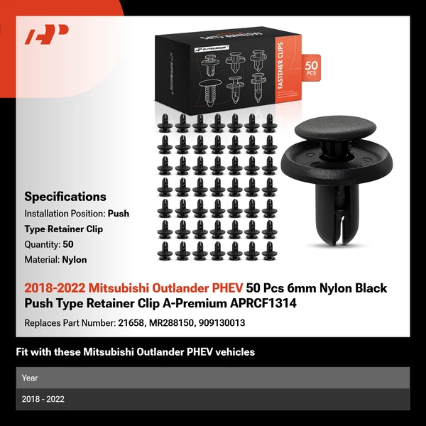 2018-2022 Mitsubishi Outlander PHEV 50 Pcs 6mm Nylon Black Push Type Retainer Clip A-Premium APRCF1314