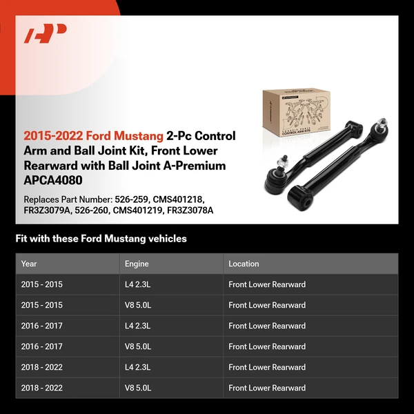 2015-2022 Ford Mustang 2-Pc Control Arm and Ball Joint Kit, Front Lower Rearward with Ball Joint A-Premium APCA4080