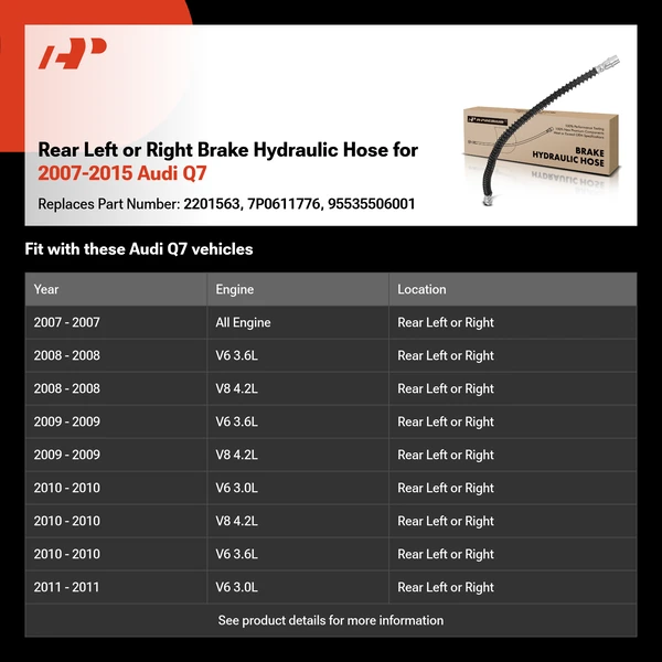 Rear Left or Right Brake Hydraulic Hose for 2007-2015 Audi Q7
