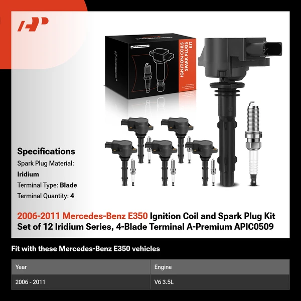 2006-2011 Mercedes-Benz E350 Ignition Coil and Spark Plug Kit Set of 12 Iridium Series, 4-Blade Terminal A-Premium APIC0509