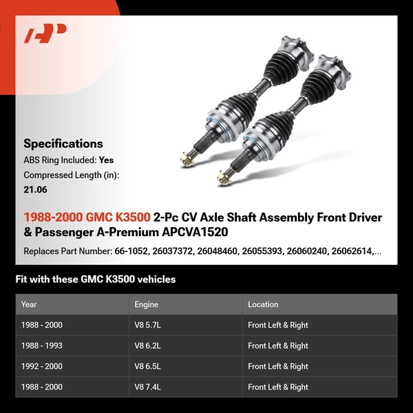 1988-2000 GMC K3500 2-Pc CV Axle Shaft Assembly Front Driver & Passenger A-Premium APCVA1520