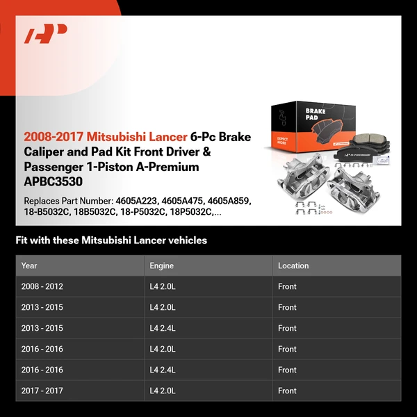 2008-2017 Mitsubishi Lancer 6-Pc Brake Caliper and Pad Kit Front Driver & Passenger 1-Piston A-Premium APBC3530