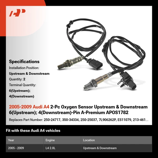 2005-2009 Audi A4 2-Pc Oxygen Sensor Upstream & Downstream 6(Upstream); 4(Downstream)-Pin A-Premium APOS1782