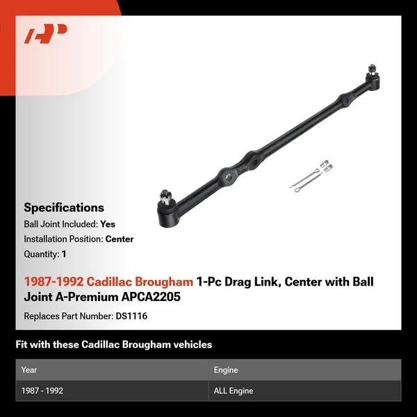 1987-1992 Cadillac Brougham 1-Pc Drag Link, Center with Ball Joint A-Premium APCA2205