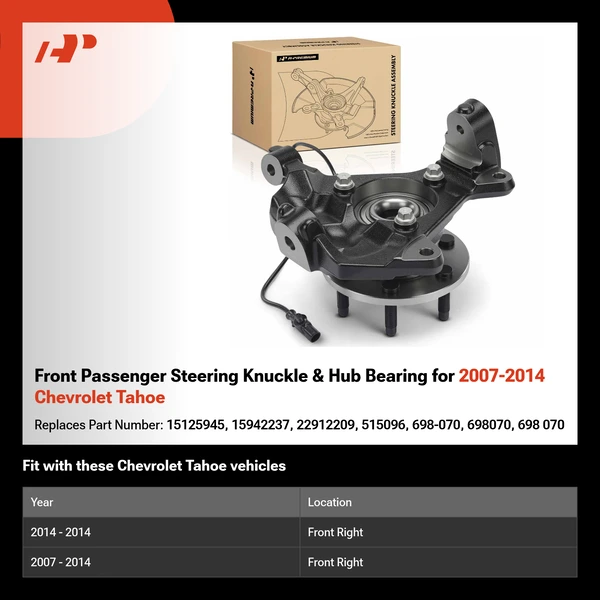 Front Passenger Steering Knuckle & Hub Bearing for 2007-2014 Chevrolet Tahoe