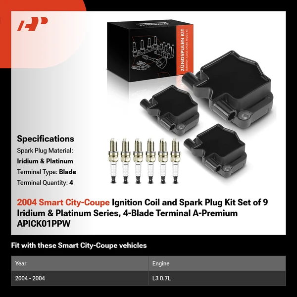 2004 Smart City-Coupe Ignition Coil and Spark Plug Kit Set of 9 Iridium & Platinum Series, 4-Blade Terminal A-Premium APICK01PPW