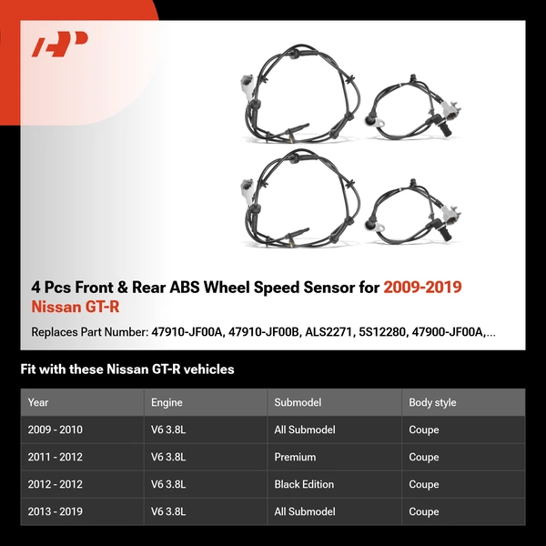 4 Pcs Front & Rear ABS Wheel Speed Sensor for 2009-2019 Nissan GT-R