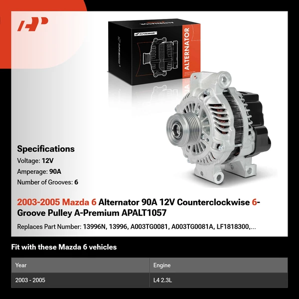 2003-2005 Mazda 6 Alternator 90A 12V Counterclockwise 6-Groove Pulley A-Premium APALT1057