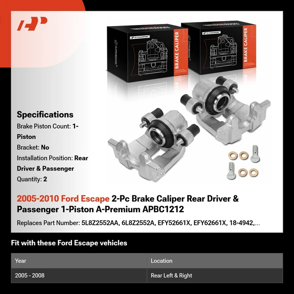 2005-2010 Ford Escape 2-Pc Brake Caliper Rear Driver & Passenger 1-Piston A-Premium APBC1212