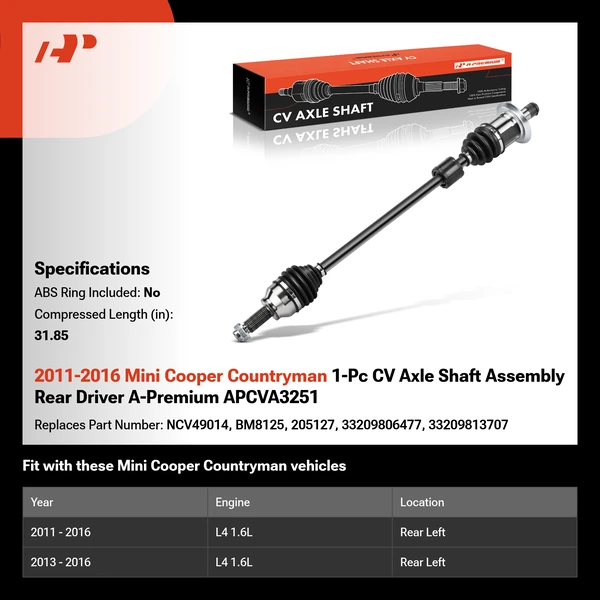 2011-2016 Mini Cooper Countryman 1-Pc CV Axle Shaft Assembly Rear Driver A-Premium APCVA3251