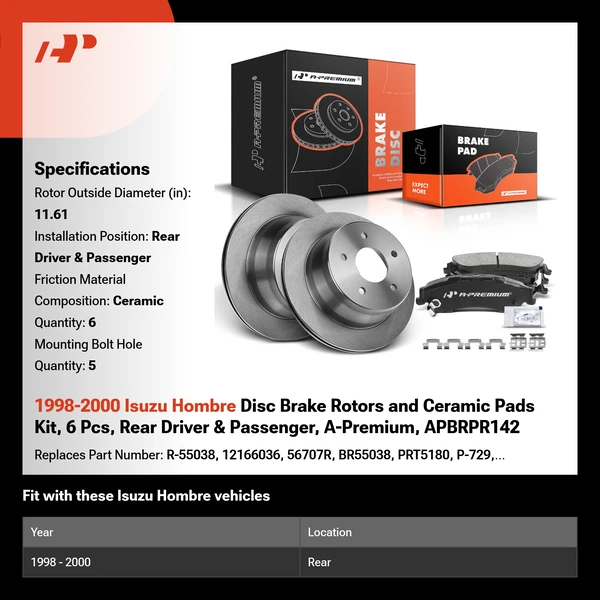 1998-2000 Isuzu Hombre Disc Brake Rotors and Ceramic Pads Kit, 6 Pcs, Rear Driver & Passenger, A-Premium, APBRPR142