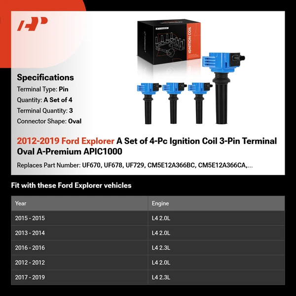 2012-2019 Ford Explorer A Set of 4-Pc Ignition Coil 3-Pin Terminal Oval A-Premium APIC1000