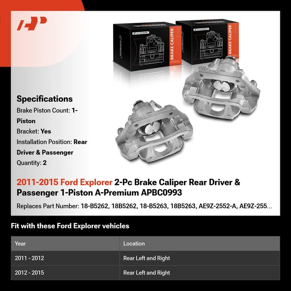 2011-2015 Ford Explorer 2-Pc Brake Caliper Rear Driver & Passenger 1-Piston A-Premium APBC0993