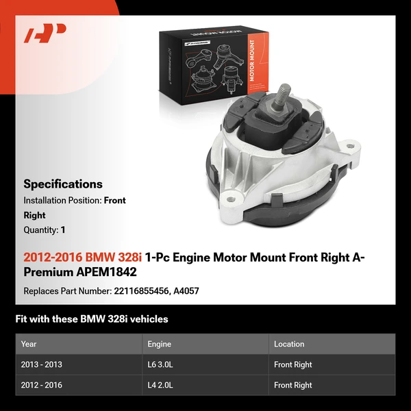 2012-2016 BMW 328i 1-Pc Engine Motor Mount Front Right A-Premium APEM1842
