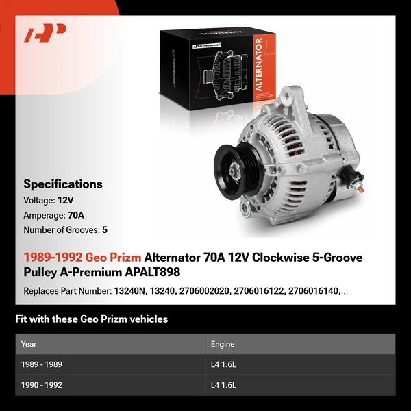 1989-1992 Geo Prizm Alternator 70A 12V Clockwise 5-Groove Pulley A-Premium APALT898