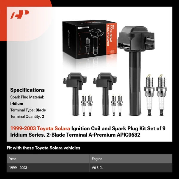 1999-2003 Toyota Solara Ignition Coil and Spark Plug Kit Set of 9 Iridium Series, 2-Blade Terminal A-Premium APIC0632