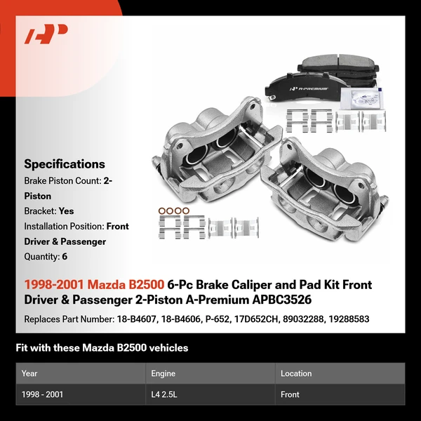 1998-2001 Mazda B2500 6-Pc Brake Caliper and Pad Kit Front Driver & Passenger 2-Piston A-Premium APBC3526