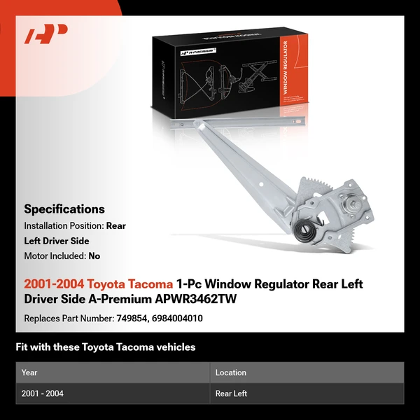 2001-2004 Toyota Tacoma 1-Pc Window Regulator Rear Left Driver Side A-Premium APWR3462TW