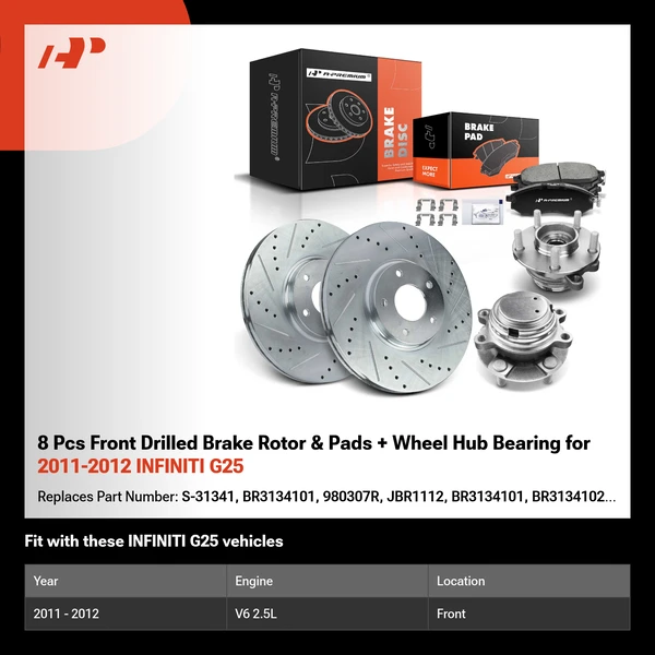 8 Pcs Front Drilled Brake Rotor & Pads + Wheel Hub Bearing for 2011-2012 INFINITI G25