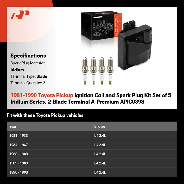 1981-1990 Toyota Pickup Ignition Coil and Spark Plug Kit Set of 5 Iridium Series, 2-Blade Terminal A-Premium APIC0893