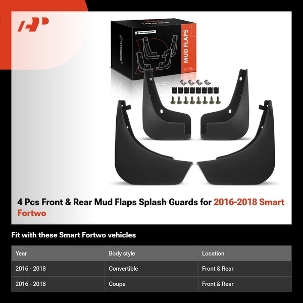 4 Pcs Front & Rear Mud Flaps Splash Guards for 2016-2018 Smart Fortwo