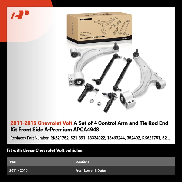 2011-2015 Chevrolet Volt A Set of 4 Control Arm and Tie Rod End Kit Front Side A-Premium APCA4948