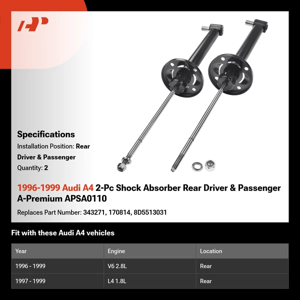 1996-1999 Audi A4 2-Pc Shock Absorber Rear Driver & Passenger A-Premium APSA0110