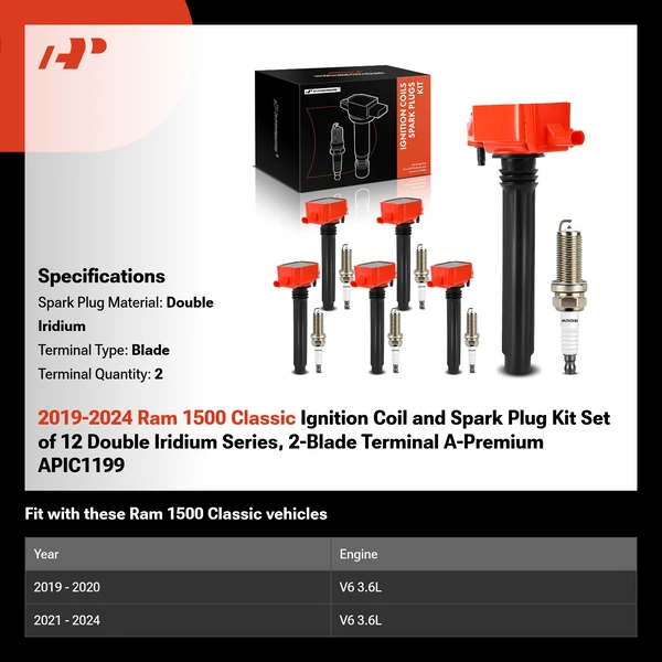 2019-2024 Ram 1500 Classic Ignition Coil and Spark Plug Kit Set of 12 Double Iridium Series, 2-Blade Terminal A-Premium APIC1199