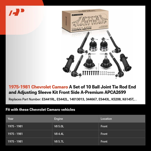 1975-1981 Chevrolet Camaro A Set of 10 Ball Joint Tie Rod End and Adjusting Sleeve Kit Front Side A-Premium APCA2699