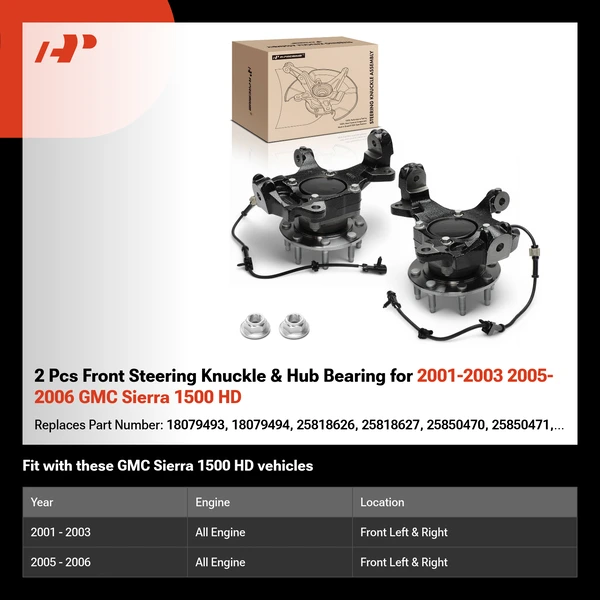 2 Pcs Front Steering Knuckle & Hub Bearing for 2001-2003 2005-2006 GMC Sierra 1500 HD