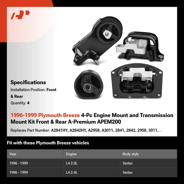 1996-1999 Plymouth Breeze 4-Pc Engine Mount and Transmission Mount Kit Front & Rear A-Premium APEM200