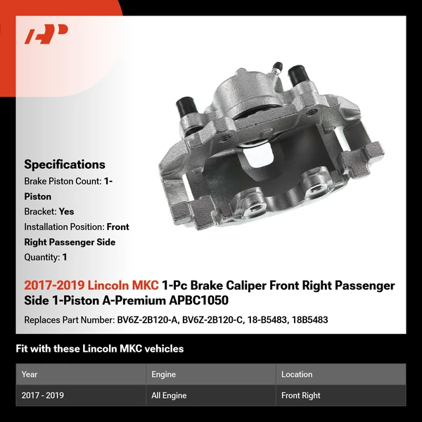 2017-2019 Lincoln MKC 1-Pc Brake Caliper Front Right Passenger Side 1-Piston A-Premium APBC1050